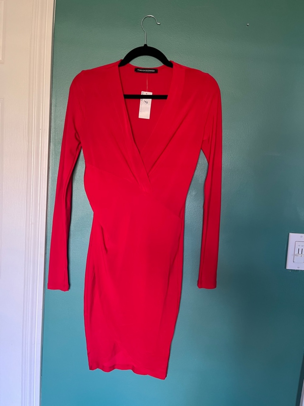 Foreign Exchange Red Long-Sleeve V-Neck Bodycon Dress